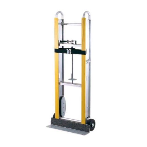 A yellow and silver Harper aluminum appliance hand truck with wheels and a ratchet.