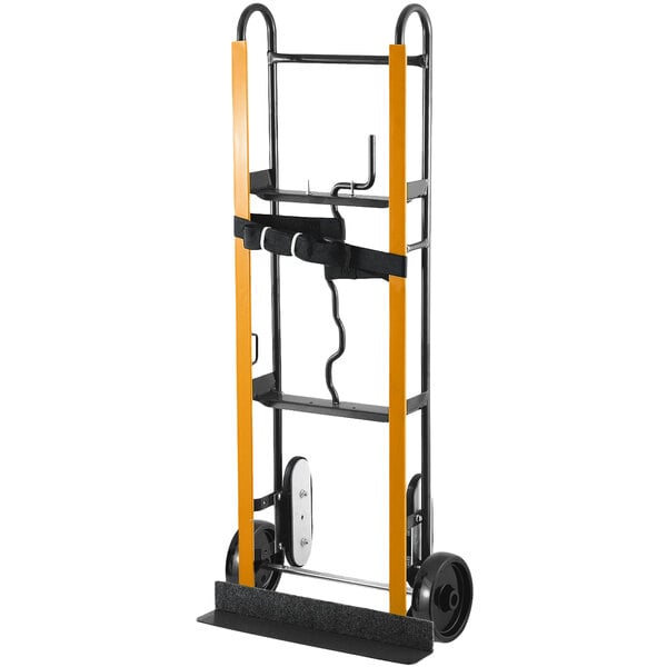 A black and yellow Harper hand truck with wheels and a handle.