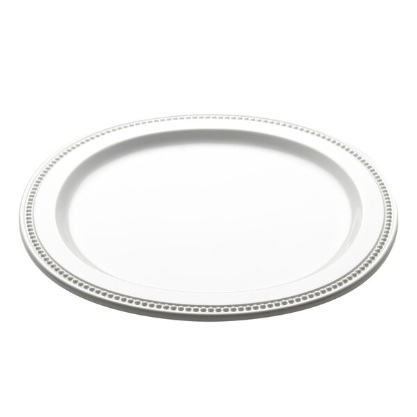 A white Elite Global Solutions melamine plate with a beaded rim.
