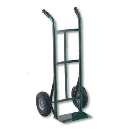 A Harper green hand truck with black metal frame and 10" x 2" solid rubber wheels.