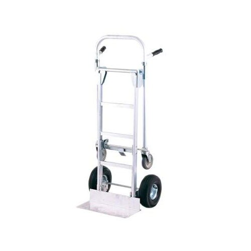 A Harper aluminum hand truck with black and silver wheels.