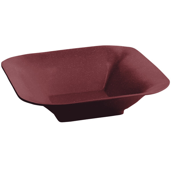 A Tablecraft maroon speckle square bowl with a red lid.