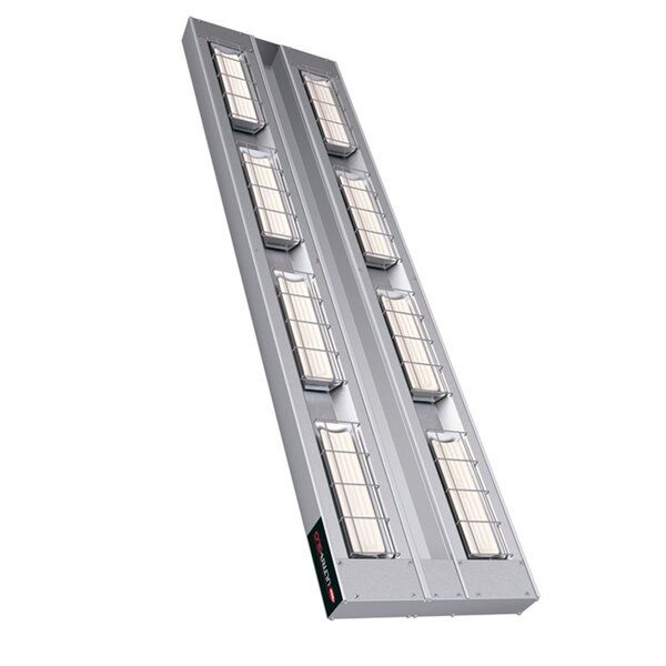 A long metal rectangular object with four ceramic infrared light bulbs attached to it.