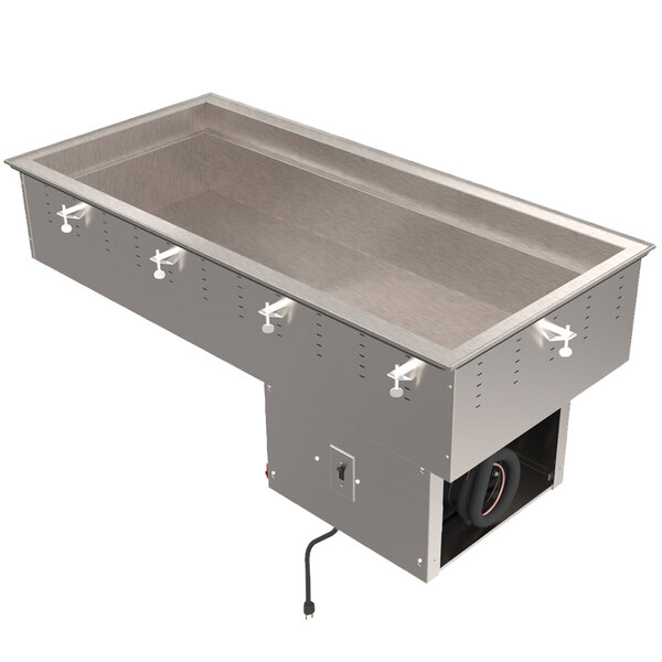 A stainless steel rectangular Vollrath drop-in refrigerated cold food well with white knobs.