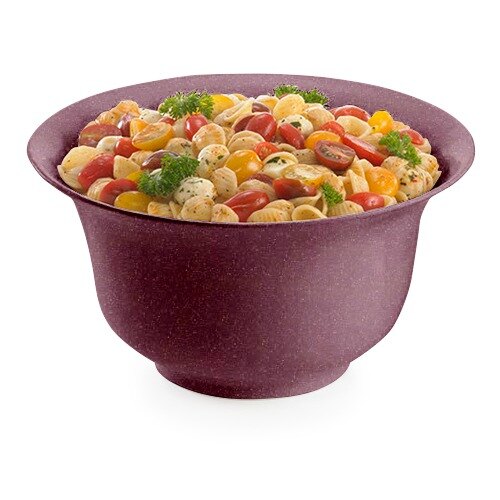 A Tablecraft maroon speckle cast aluminum tulip bowl filled with pasta and vegetables.