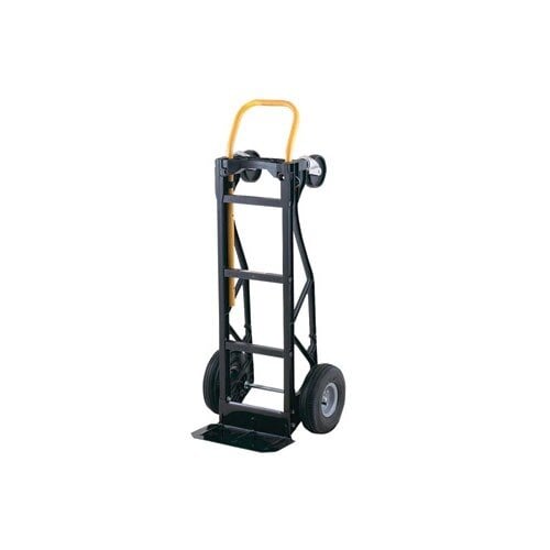 A black metal hand truck with yellow handles.
