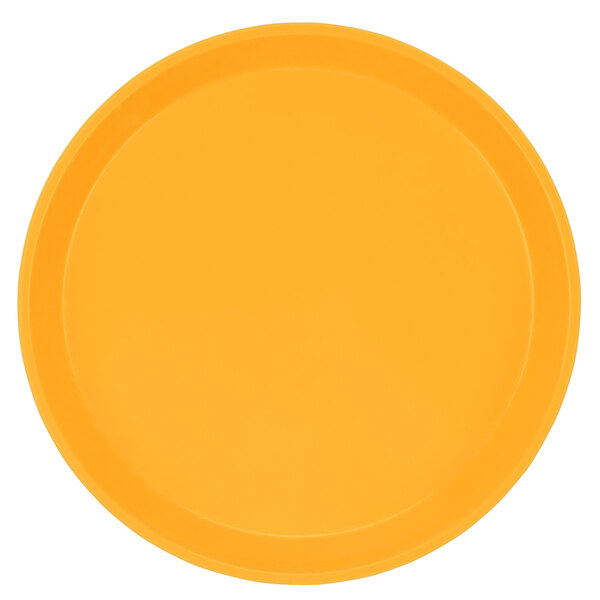 A yellow Cambro round fiberglass tray.