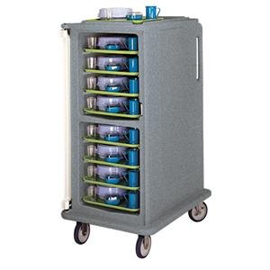 A gray Cambro meal delivery cart with trays.
