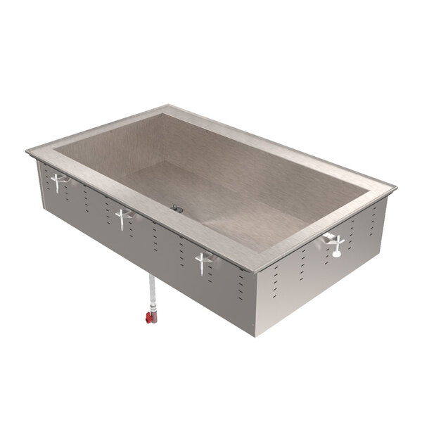 A stainless steel Vollrath drop-in cold food well with a drain.