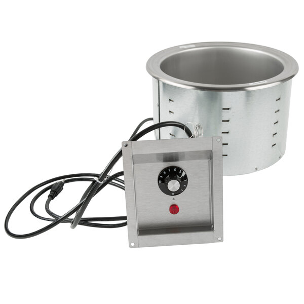 A stainless steel Vollrath drop-in soup well with a dial and a black cord.