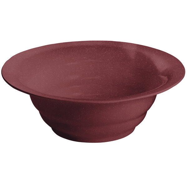 A Tablecraft maroon speckle salad bowl with a wide red rim.