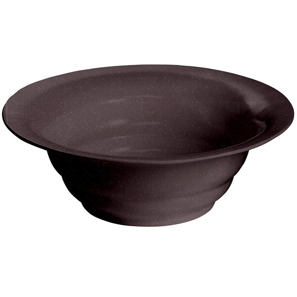 A brown Tablecraft cast aluminum salad bowl with a black rim.
