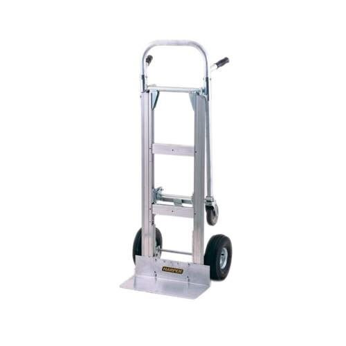A Harper aluminum hand truck with pneumatic wheels and a dual pin handle.