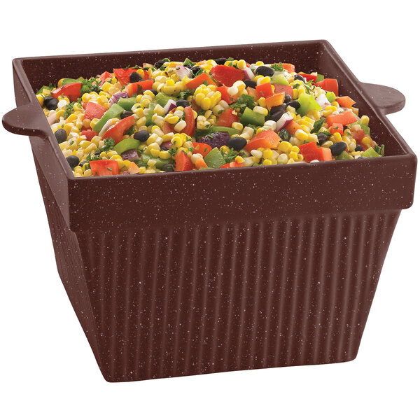 A Tablecraft maroon speckle cast aluminum bowl filled with mixed vegetables on a table in a salad bar.