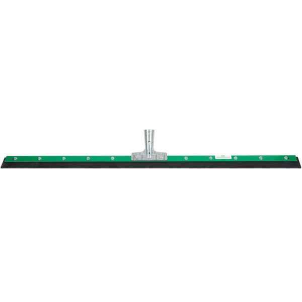 A green and black Unger AquaDozer floor squeegee with a metal handle.