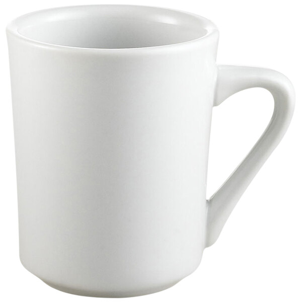 A close-up of a CAC white mug with a handle.