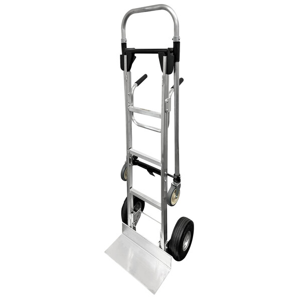 A silver and black Harper hand truck with wheels and a handle.