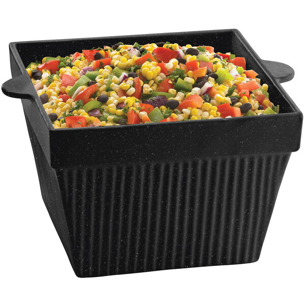 A Tablecraft Midnight Speckle square bowl filled with vegetables and corn on a table in a salad bar.