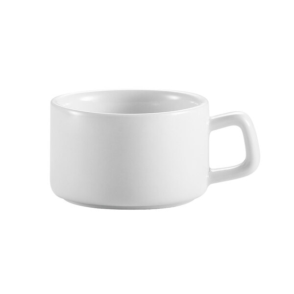 A CAC bright white porcelain espresso cup with a handle.