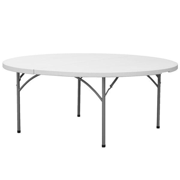 A white Flash Furniture round folding table with metal legs.