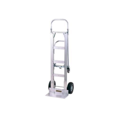A silver metal Harper hand truck with wheels and a continuous handle.