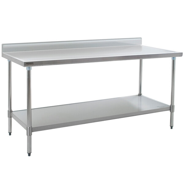 A close-up of an Eagle Group stainless steel work table with undershelf.