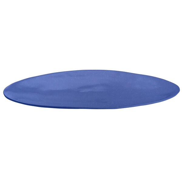 A blue oblong Tablecraft platter with a white background.