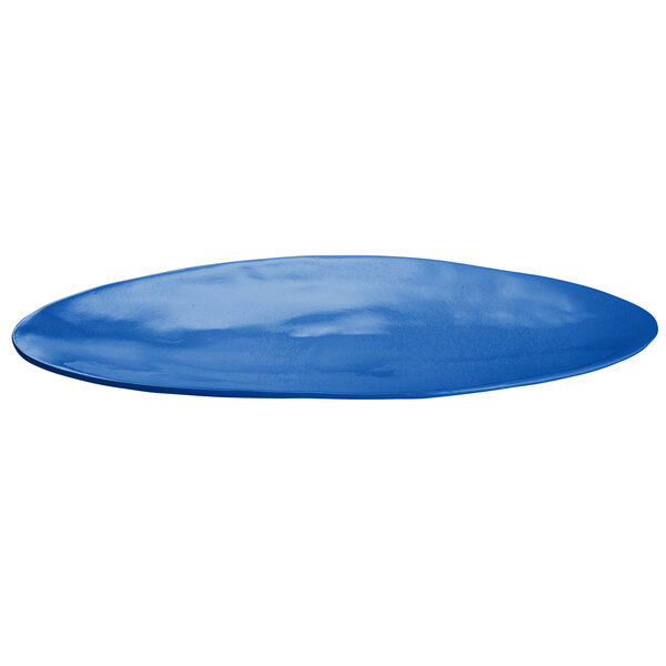 A cobalt blue oval cast aluminum platter.