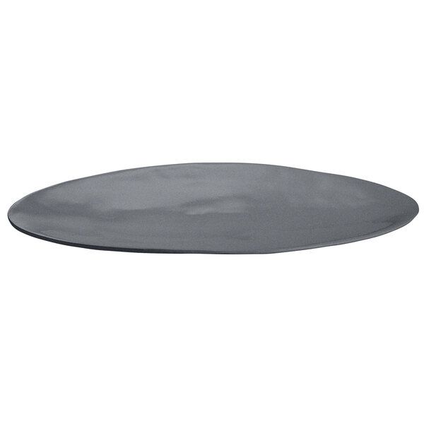 A grey granite cast aluminum oblong platter on a table.