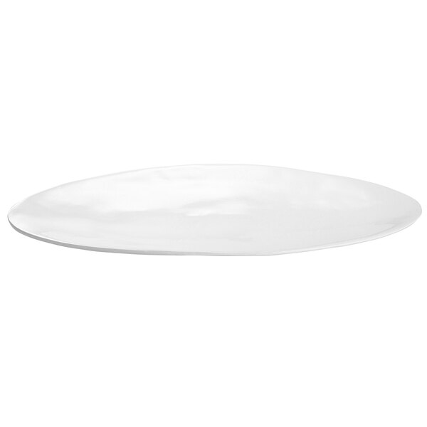 A white Tablecraft cast aluminum oblong platter with a curved edge on a white background.