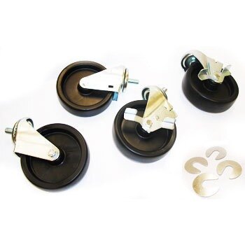 A set of four black and silver True stem casters with black rubber wheels and metal plates.