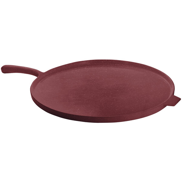 A Tablecraft maroon cast aluminum pizza tray with a handle.