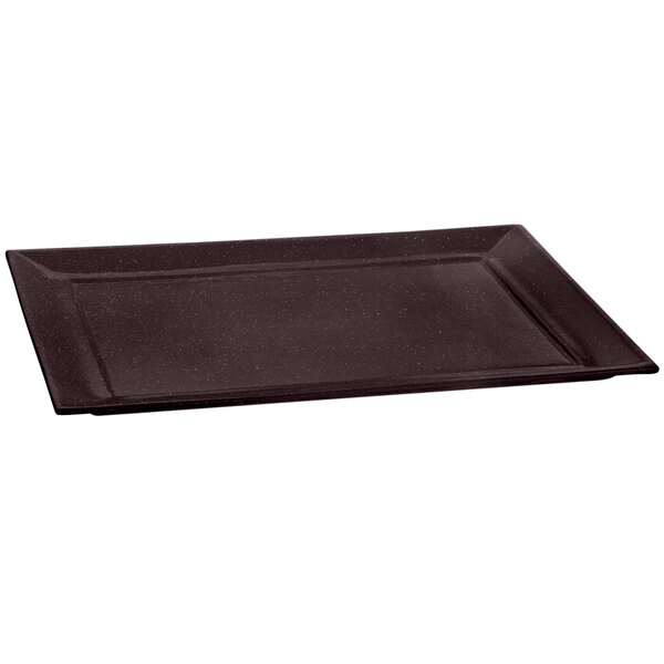 A Tablecraft Midnight Speckle cast aluminum rectangular platter with a black finish.