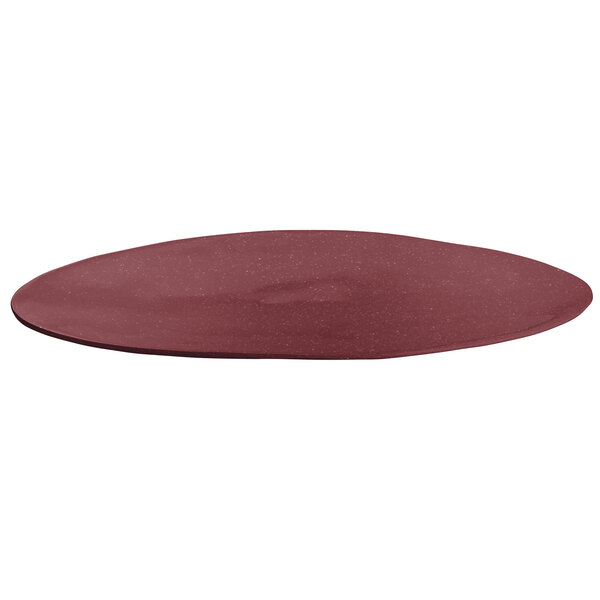 A Tablecraft maroon speckled cast aluminum oblong platter with a red rim.