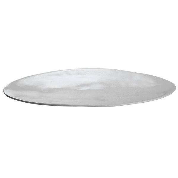A gray cast aluminum oblong platter with a curved edge on a white background.