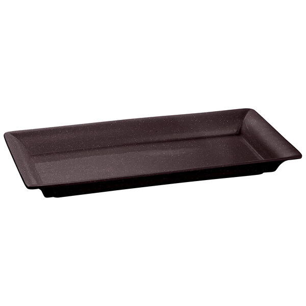 A black rectangular Tablecraft cast aluminum platter with a rounded edge.