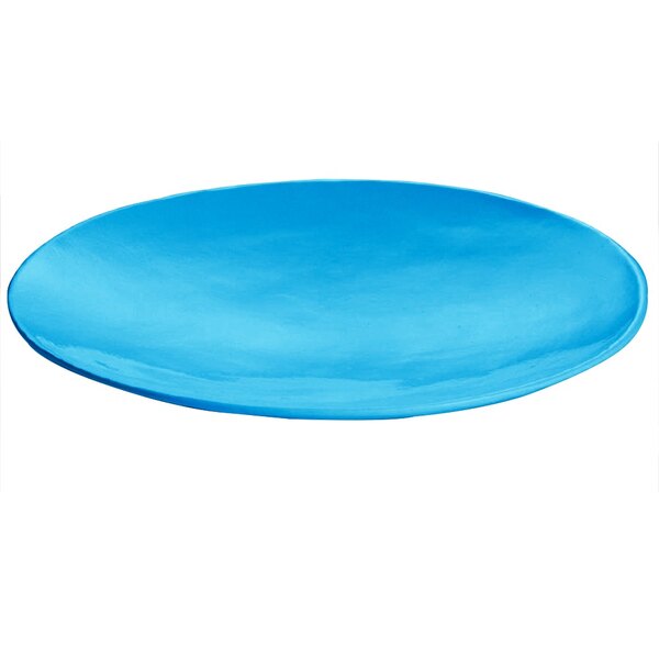 A Tablecraft sky blue cast aluminum flared platter on a white background.