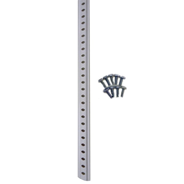 A white metal shelf standard with screws and nuts.