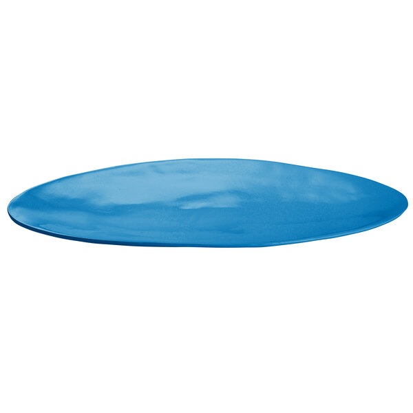 A sky blue cast aluminum oblong platter on a white background.