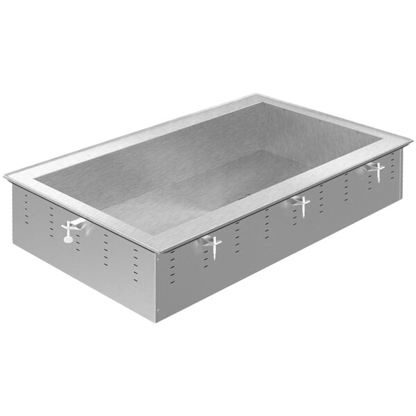 A Vollrath drop-in refrigerated rectangular metal tub.