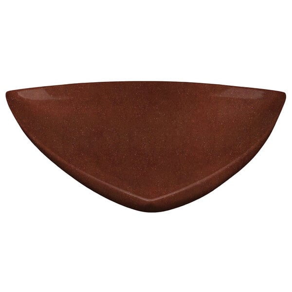 A maroon triangle shaped cast aluminum bowl with a speckled surface.