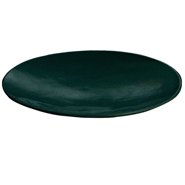 A Tablecraft black cast aluminum flared platter with a green speckled rim.