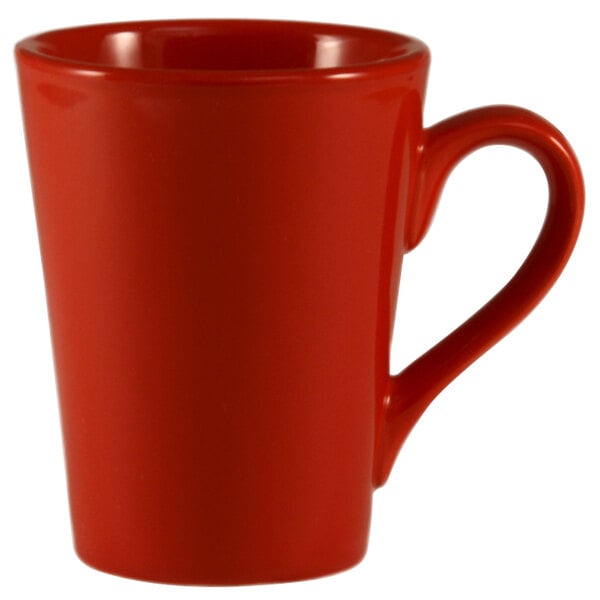 A close-up of a red CAC Venice Victory mug with a handle.