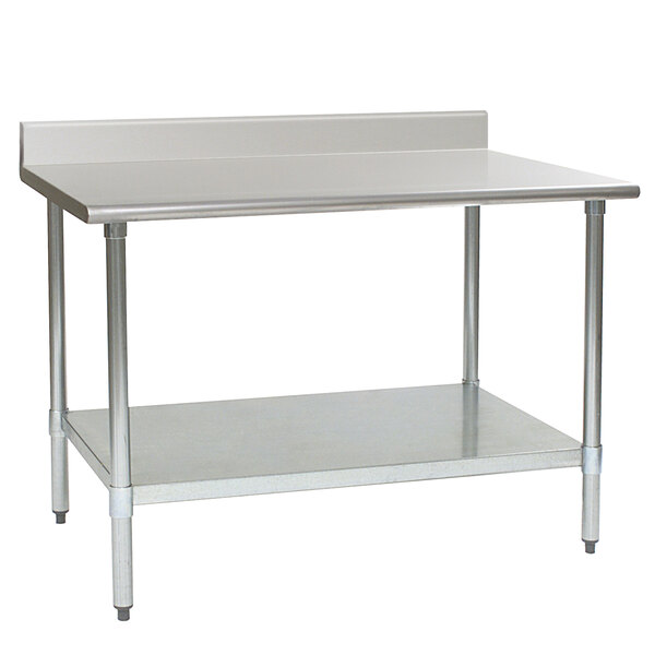 A metal Eagle Group stainless steel work table with undershelf.