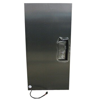 The open left hinged door with recessed metal handle and wide gasket for a True refrigerator.
