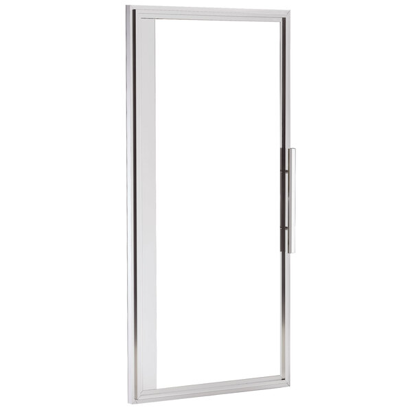 A stainless steel rectangular door with a glass panel and black handles.