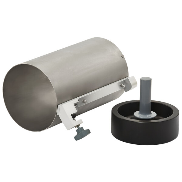 A Vollrath stainless steel cylindrical chute with a black rubber cap.