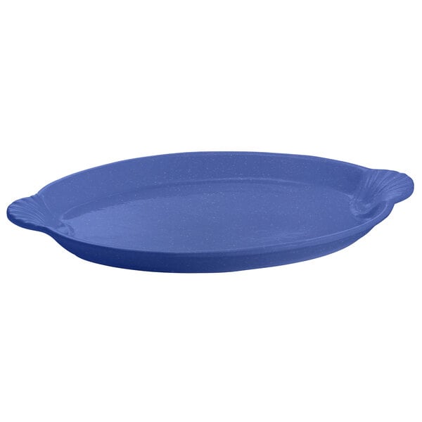 A blue oval Tablecraft cast aluminum shell platter.