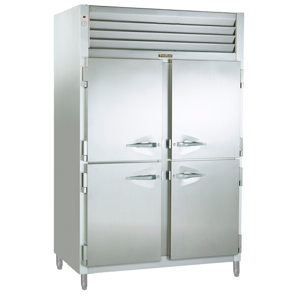 A large stainless steel Traulsen reach-in refrigerator with two half doors.