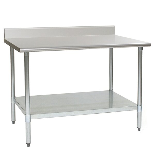 A stainless steel Eagle Group work table with undershelf and backsplash.